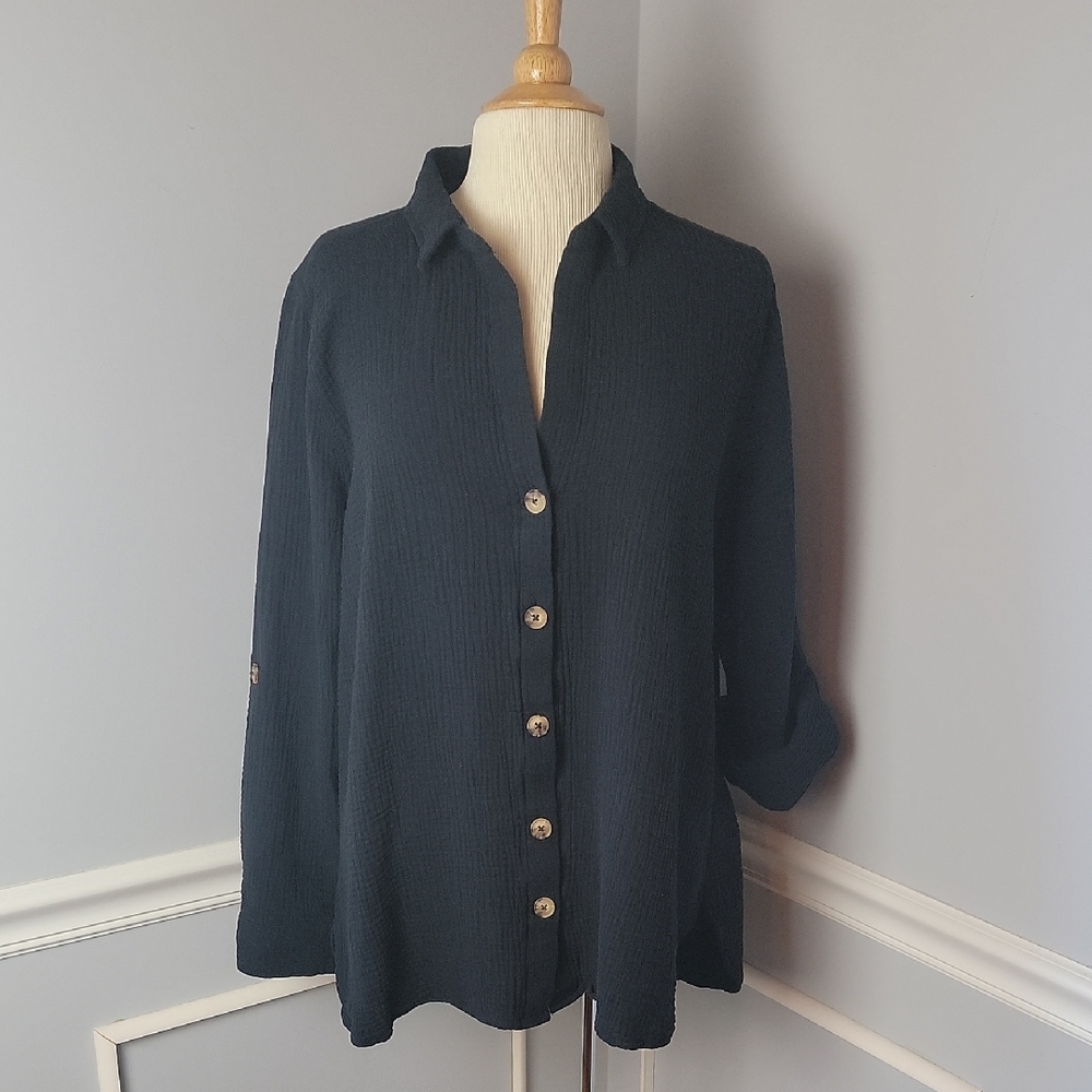 COMO VINTAGE Black Gauze V-Neck Hi-Low Hem Casual Boho Preppy Button Up Shirt 2X